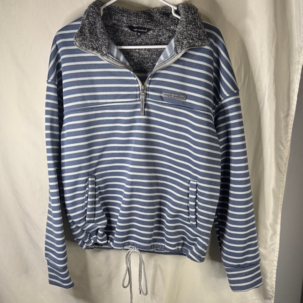 Simply Southern Men's Blue and White Zip-Up Sweater